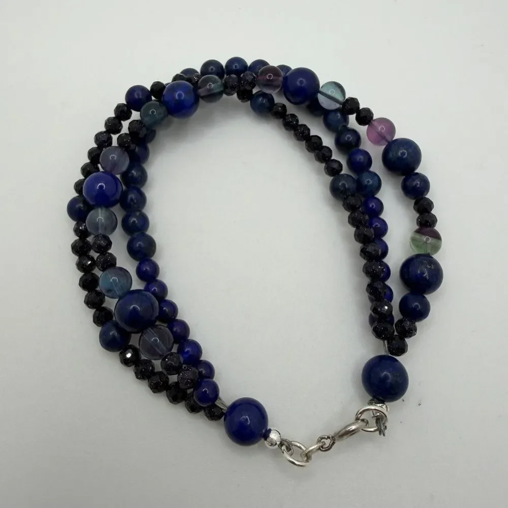 Three‎ strands of Lapis Lazuli, Fluorite, and Sandstone beaded bracelet w/ 925!